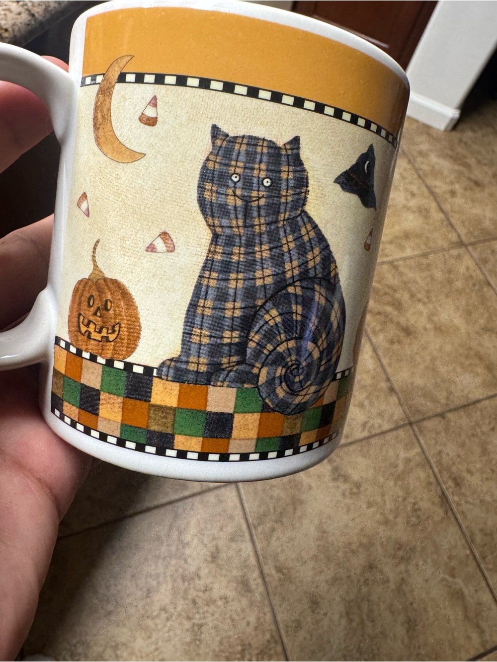 Debbie Mumm Plaid Cat Halloween Ceramic Mug - Orange, Green, Black